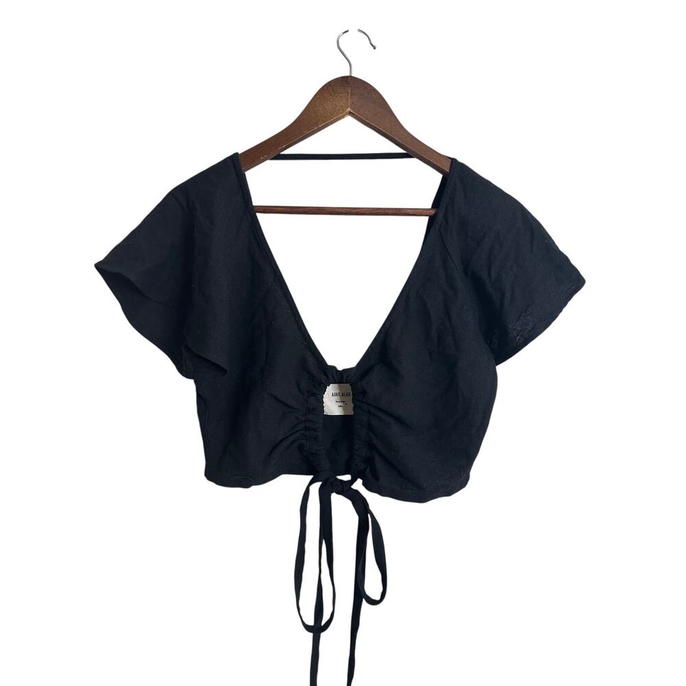 Ajaie Alaie 100% Silk Keyhole Tie Front Crop Top Flutter Sleeve Black Handmade L